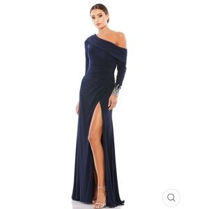 NWT Mac Duggal Beaded Cuff Drop Shoulder Faux Wrap Gown